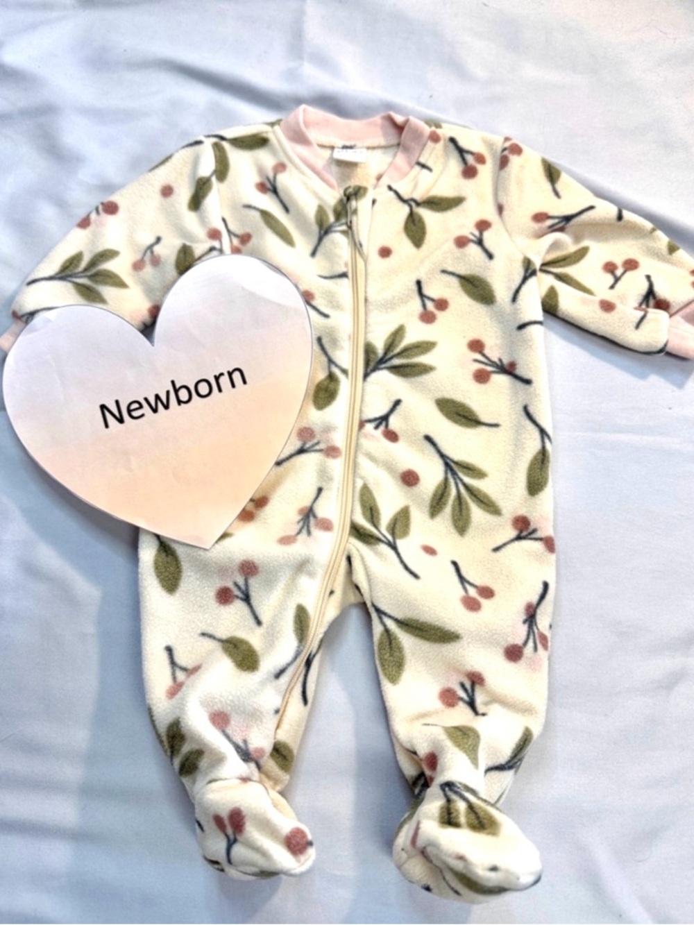 Petit Lem Cream Fleece Footed One-Piece with Pink Berry and Green Leaf Print